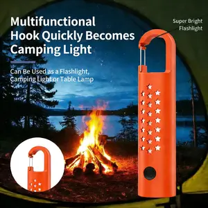 One multi-functional, three-color, super bright LED flashlight with hook, hands-free camping light, USB rechargeable, suitable for camping, outdoor activities, barbecues, patrols, repairs, fishing, and is an essential item during power outages.