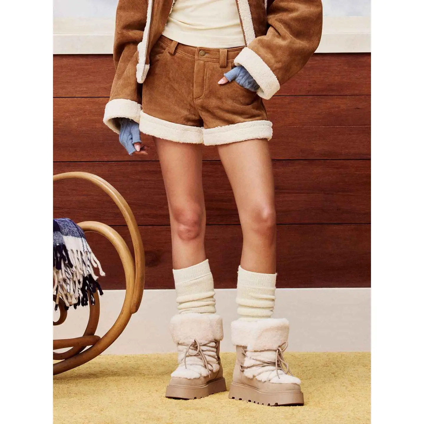 Cider Suede Low Rise Faux Fur Trim Shorts