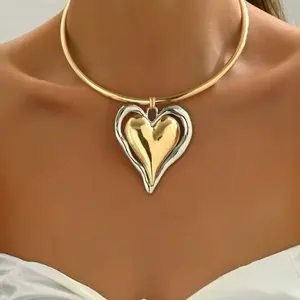 Fashionable Minimalist Asymmetrical 3D Heart Pendant Necklace Contrast Color Design Non Precious Jewelry for Daily Wear Parties Festivals Beach Vacations