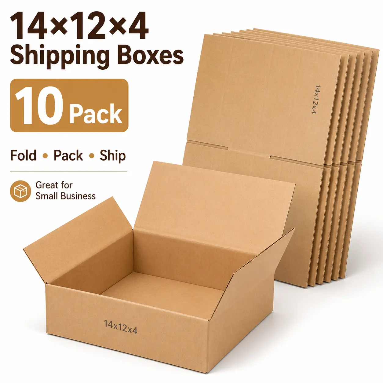 10 Pack 14x12x4 Inch Corrugated Shipping Boxes, Kraft Cardboard Mailing Boxes for Packing, Moving, Storage, Small Business Shipping Supplies