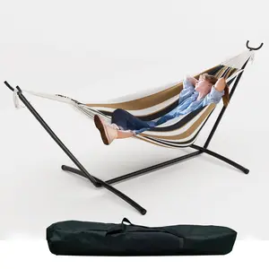 2 Person Double Hammock with Adjustable Steel Stand - 450lbs Capacity Thick Rope Bed - Portable & Space-Saving - Indoor Outdoor Patio Camping Garden - Includes Carry Bag