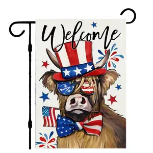 250th USA Independence Day Highland Cow Welcome Garden Flag Linen Material Single Double Sided 4th of July Patriotic Yard Decor with American Flag Design