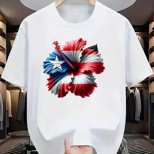 Patriotic T-Shirt Vibrant Cotton Puerto Rico Flag Hibiscus Flower T-Shirt | Regular Fit Short Sleeve Tee for Men & Women, Breathable 100% Cotton, Summer Casual Wear, Machine Washable, Patriotic Clothing