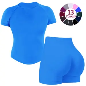 JGS1996 Women’s 2 Piece Impact Seamless Workout Set Short Sleeve, Tank Top & Butt Lifting Shorts Sporty Casual Breathable Set for Yoga Gym Ladies Summer Sportswear Activewear Workout Running Clothes