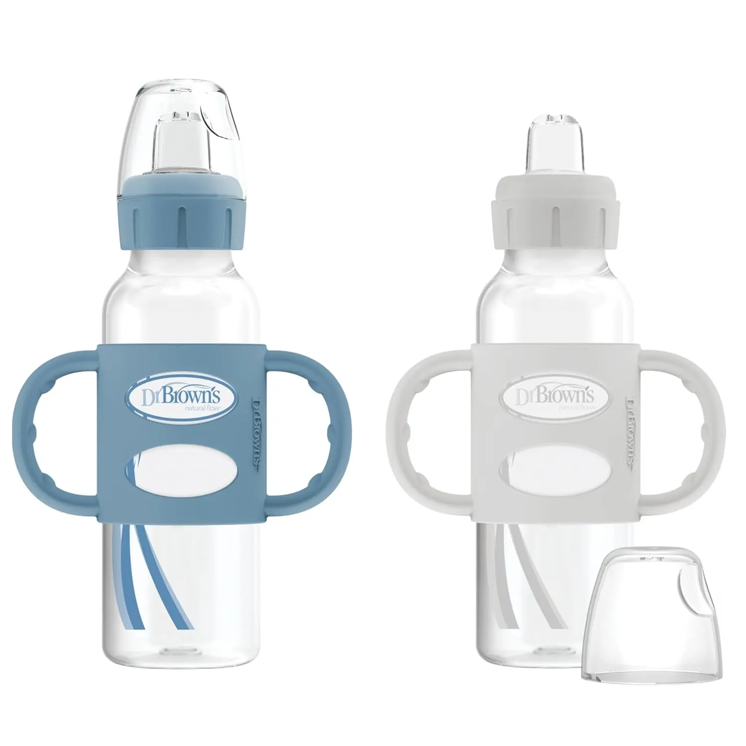 Dr. Brown's Milestones Narrow Sippy Spout Bottle with 100% Silicone, Easy-Grip Handles and Soft Sippy Spout, 8oz/250mL, Light-Blue and Gray, 2-Pack, 6m+