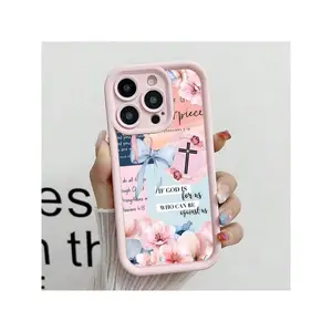 Pink Girly Christian Collage God Jesus Bible Verse Cross Pattern Phone Case For Compatible With IPhone 16/15/14/13/12/11/ProMax/Pro/Plus/XSMax/XS/X,Fashion  Anti-Drop Design Tpu  Casing  Protective Fundas Para  Accessories  Protector Forro De Teléfono