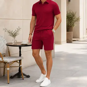 Men’s 2-Piece Textured Polo Shirt & Drawstring Shorts Set - Short-Sleeve Casual Summer Outfit Clothes Menswear Suits Top Tropical Shortsleeve Gamis
