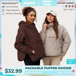 PUFFIT WarmCore Premium Women's Packable Baggy Fall Puffer Hoodie Coat Comfortable Quilted Lightweight & Warm Womenswear Water Repellent and Stain-Resistant Jacket Outerwear with Large Pocket,Plus Size Fit Spring,Dog Walking,School Running,Football Mum