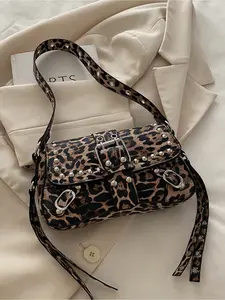 Fashion Color Block Leopard Rivet Punk Flap Casual Shoulder Bag for Young Women Students Office Workers, Suitable for Shopping Commuting Travel Daily Use, Autumn Winter Tiger Pattern Handbag, Studded Bag