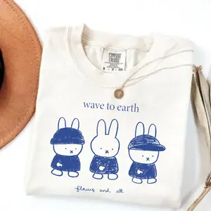 Comfort Colors Wave To Earth Miffy Shirt, Playful Cute Soft Aesthetic T-shirt, Aesthetic Indie Music Fan Graphic Tee, Trendy Oversized Minimalist Rabbit Design, Premium Garment Dyed Pastel Dream Apparel