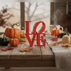 LOVE Sculpture Custom Wedding Anniversary Decor Red 'LOVE' Sign for Autumn Table Decor with Pumpkins and Leaves Cake Topper Plastic Material 4x4 Inches