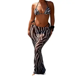 Y2K Zebra Print Bikini Set Flattering 3 Piece Halter Side Tie Swimsuit with Mesh Maxi Cover Up Skirt Snatched Waist Tummy Control Beach Vacation Outfit Bikini Set with Cover Up for Midsize Curvy Women cheeky high waisted rash guard tropical style