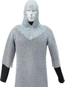 Medieval Warrior Haubergeon Butted Chainmail Shirt and Coif Armor Set, Silver
