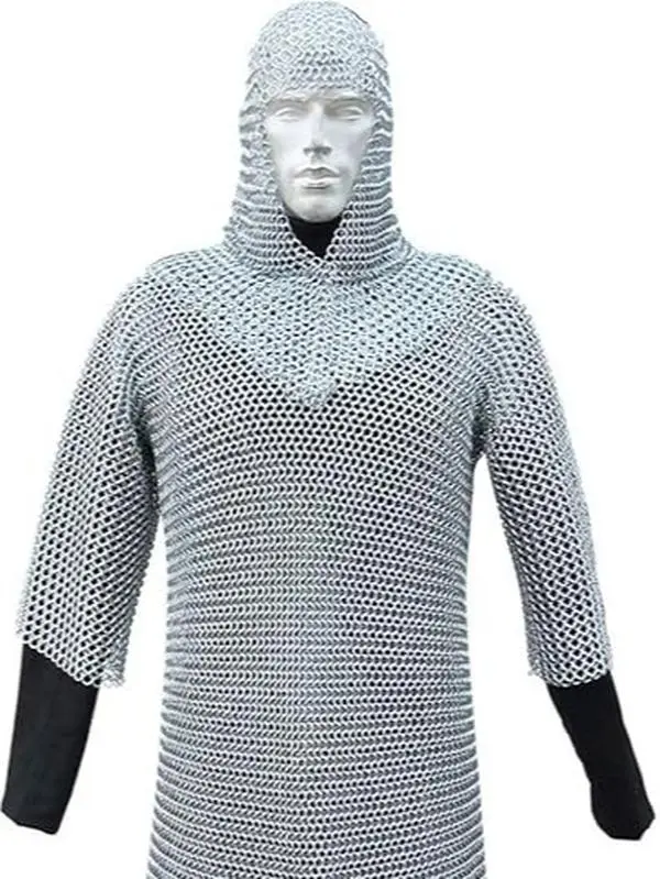 Medieval Warrior Chainmail Armor Set, Men's Long Sleeve Butted Aluminum Haubergeon and Coif for Renaissance Fancy Costume