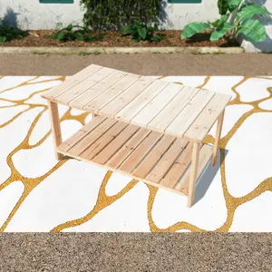 Top Space Outdoor Coffee Table Natural Wood Patio Furniture with 2-Shelf Storage