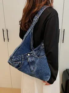 Denim Shoulder Bag, Motorcycle Style Crossbody Bag, Underarm Commuter Bag, Perfect for Daily Wear and Office Use, Denim Messenger Bag