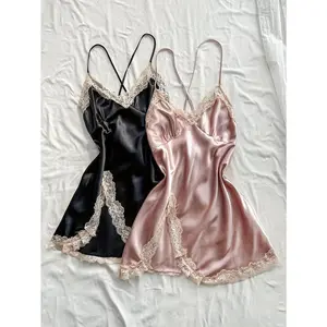 Single piece sexy silky lace trimmed sleepwear - V-neck backless cross tie split nightgown, comfortable(Sheets)