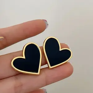 Chic Black Heart Stud Earrings - Titanium Steel, Perfect for Casual Attire & Parties