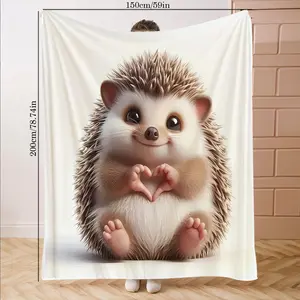 Hedgehog Print Flannel Throw Blanket, Soft Comfortable Sofa Cover, Gift Blanket, Holiday Decoration, Bed Office Camping Travel, Soft Cozy Blanket, All Seasons