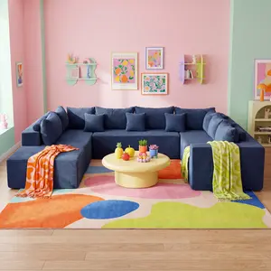【JOYVELLEHEIM】135" U-Shaped Modular Sectional Sofa, 6-Seater Boneless Couch with Ottoman and Chaise, 28" Deep Seat, Blue Corduroy Upholstery, Non-Slip Texture, No Assembly Required living room furniture