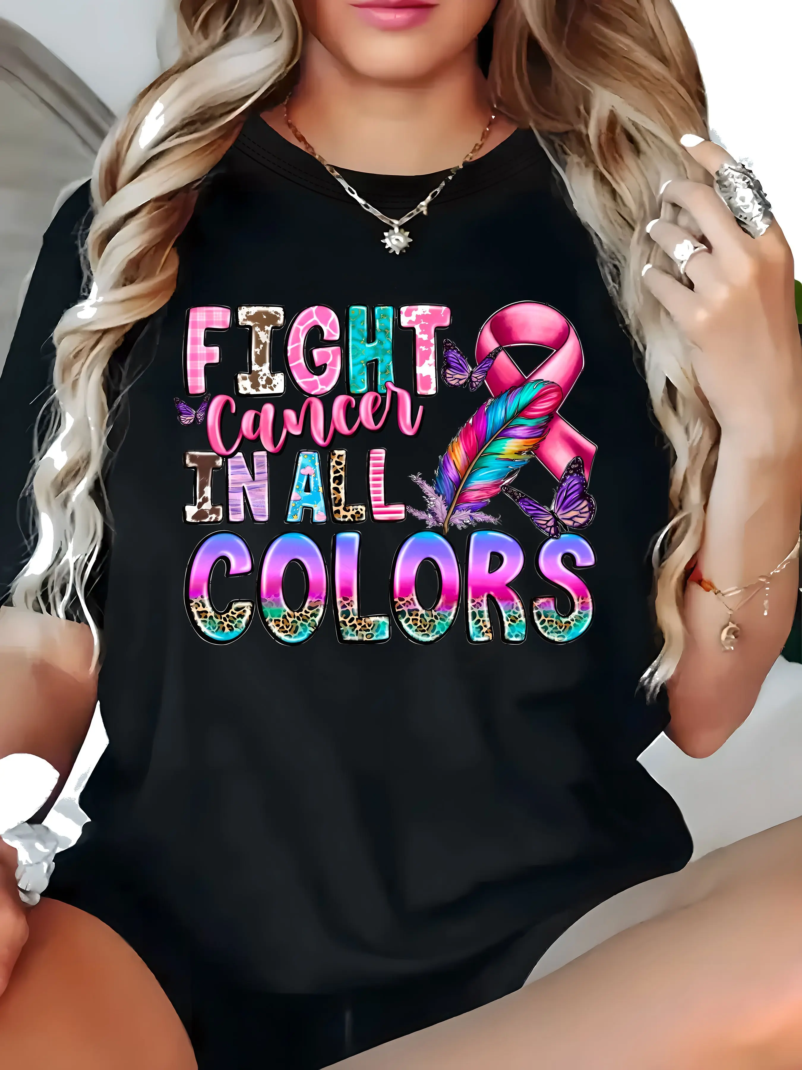 Fight Cancer in All Colors Graphic T-Shirt - Casual Short Sleeve Crew Neck Top for Women, Polyester Knit Fabric, Geometric Pattern, Plus Size Pullover