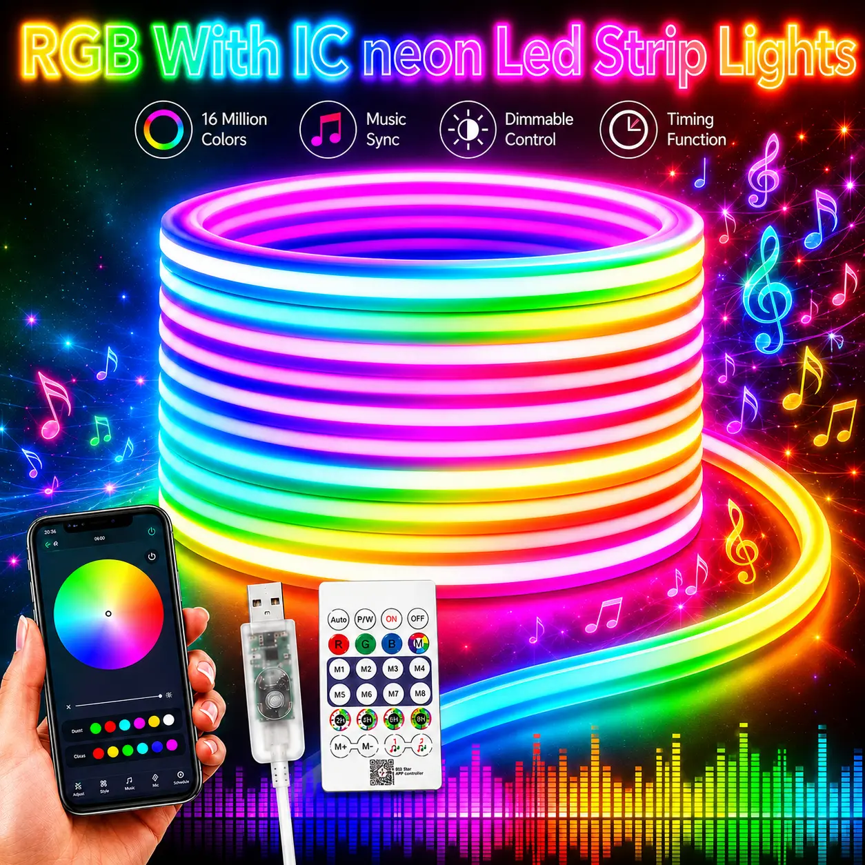 USB-Powered RGB Color-Changing LED Lights - Music Sync, App-Controlled Cuttable Self-Adhesive Tape, Cyberpunk Neon Ambient Decor for Gaming Desk, Bedroom (DIY Kitchen Specialty Lighting)