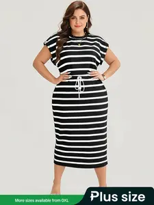 [Plus Size] Striped Print Dress, Casual Chic Minimalist Short Sleeve Round Neck Dress for Daily Wear, Women's Plus Clothing for Summer