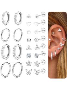 12Pairs Flat Back Earrings for Women Men Hypoallergenic Surgical Steel Earrings for Sensitive Ears 14K Gold Hoop Stud Sleeper Earrings Flatback Cartilage Tragus Helix Piercing Earrings
