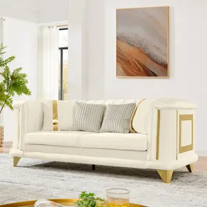 89 Inches Velvet 3 Seater Luxury Sofa with Gold Stainless Steel Trims and Embroidered Texture, Mid Century Modern Victorian Tufted Couch for Living Room with 2 Fur & 2 Gold Strip Pillow, Beige