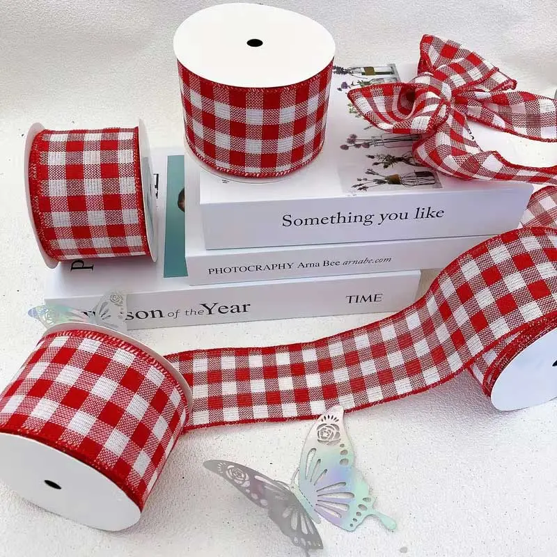 10Y/6cm/2.36in Red & White Plaid Ribbon - Wide-Scale Compatible for Christmas Wedding Gift Wrapping, DIY Bows, Wreaths & Plaid Bows - Cut-to-Size Craft Ribbon Suitable for Packaging, Bow Decoration, Thanksgiving, Easter, Weddings