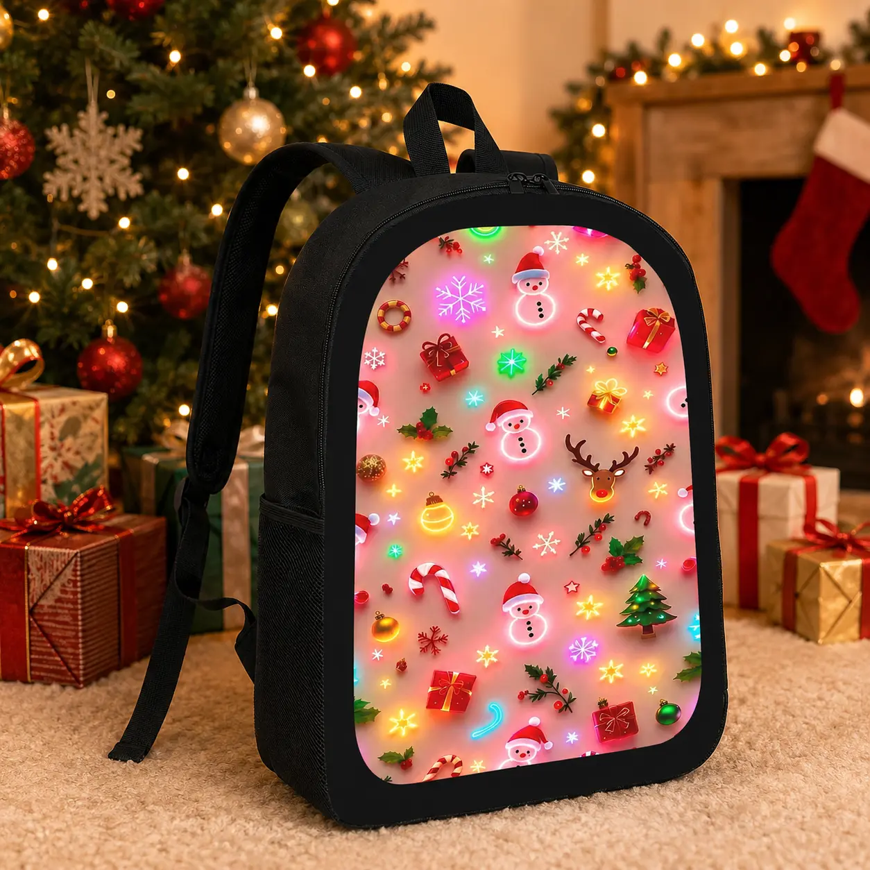 Pink Christmas Backpack, Snowman Reindeer Candy Cane & Gift Graphic Black School Bag, Holiday Travel Daypack for Teens & Students
