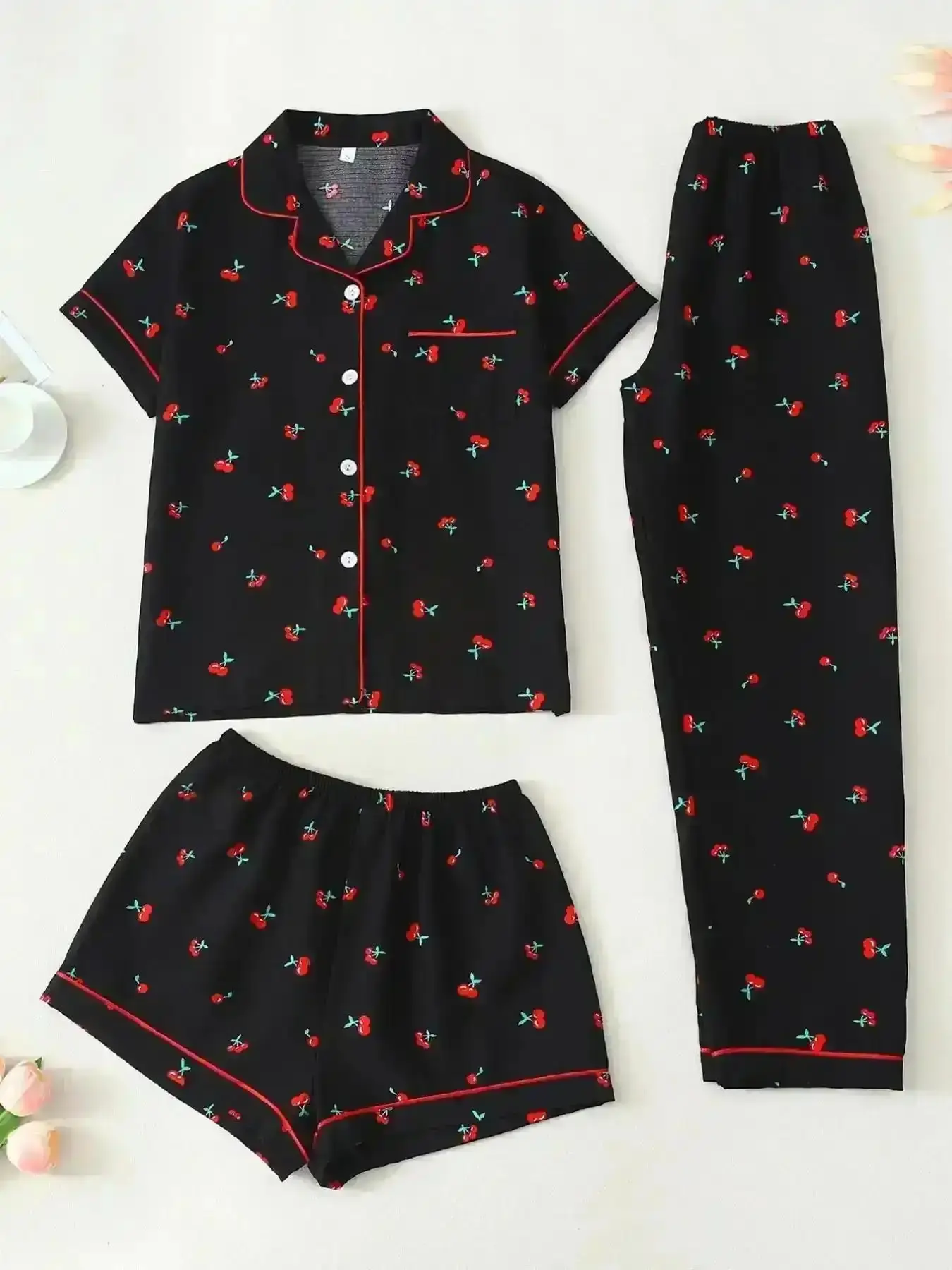 Modern Women's Sleepwear Set, Short Sleeve Cardigan Top Shorts Pants, Cherry Print, Casual Fitted Style, All Seasons, Pajama, Comfort Fit Essential Wardrobe Piece Casual Everyday Street Trendy Chic Premium Quality Look