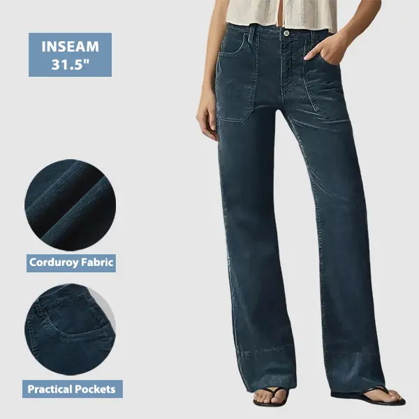 Flamingals Corduroy Patched Pocket Mid Waist Straight Leg Pants Womenswear Flamingals Corduroy Patched Pocket Mid Waist Straight Leg Pants Womenswear