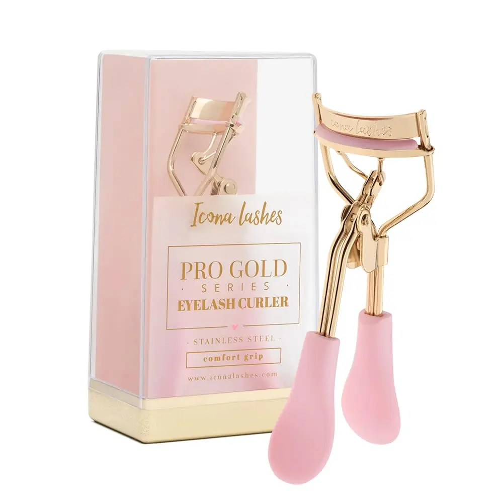 Icona Lashes Eyelash Curler - 24K Gold-Plated Stainless Steel Precision Eye Lash Curler for Lush, Luxurious Lashes - Silicone Eyelash Curler Pads, Ergonomic Cushioned Handles - With Replacement Pads