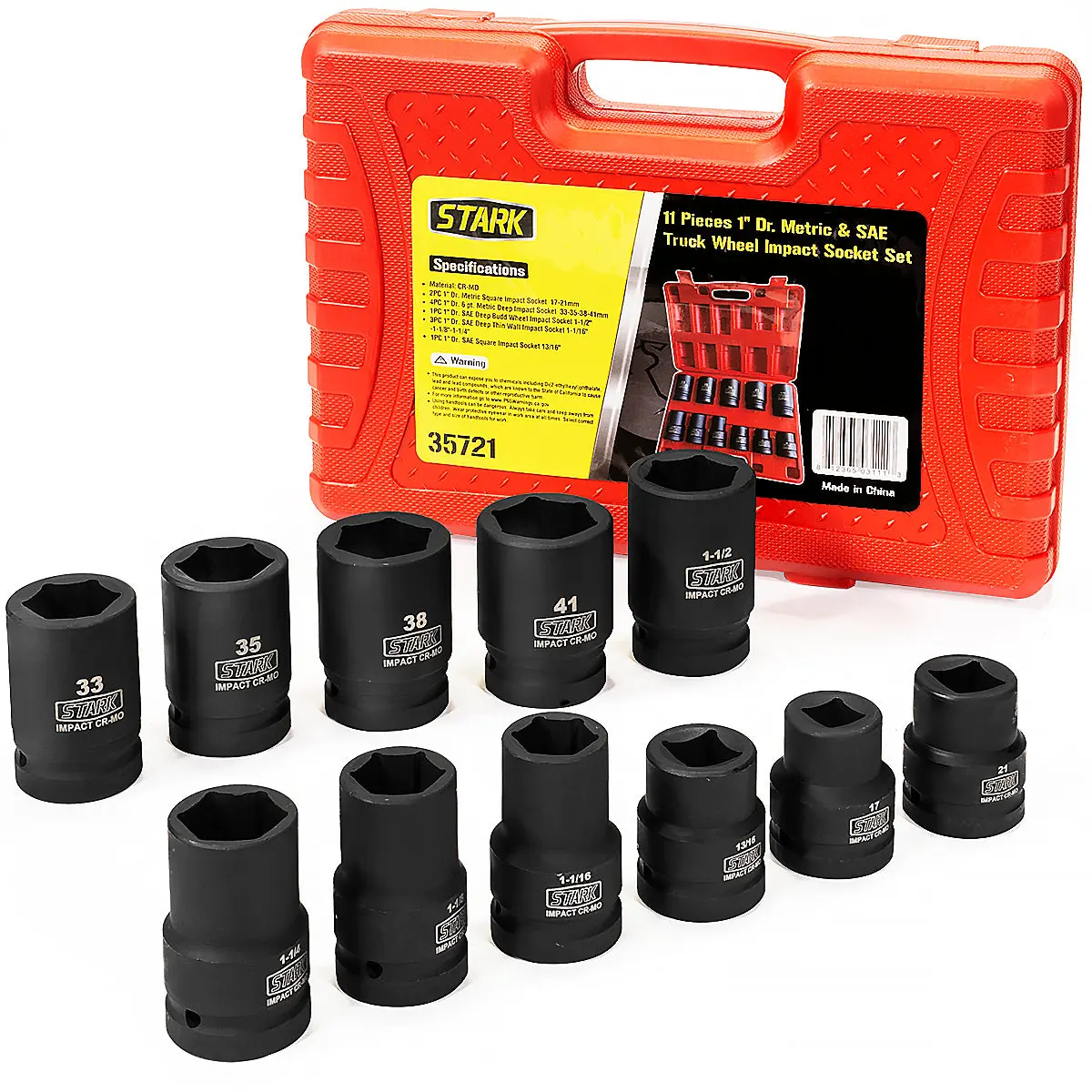 Stark 11-PC 1" Drive Deep Socket Wrench Set, Cr-Mo Impact Sockets, Metric & SAE, Portable Industrial Tools for Truck Wheel Maintenance, DIY Hand Tool Kit