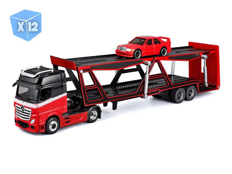 12-Pack Maisto 11454RD Display Collectible Transporter Set - 1:64 Scale Diecast Model Cars, Mercedes-Benz Actros & 1990 Mercedes-Benz 190E (Red)