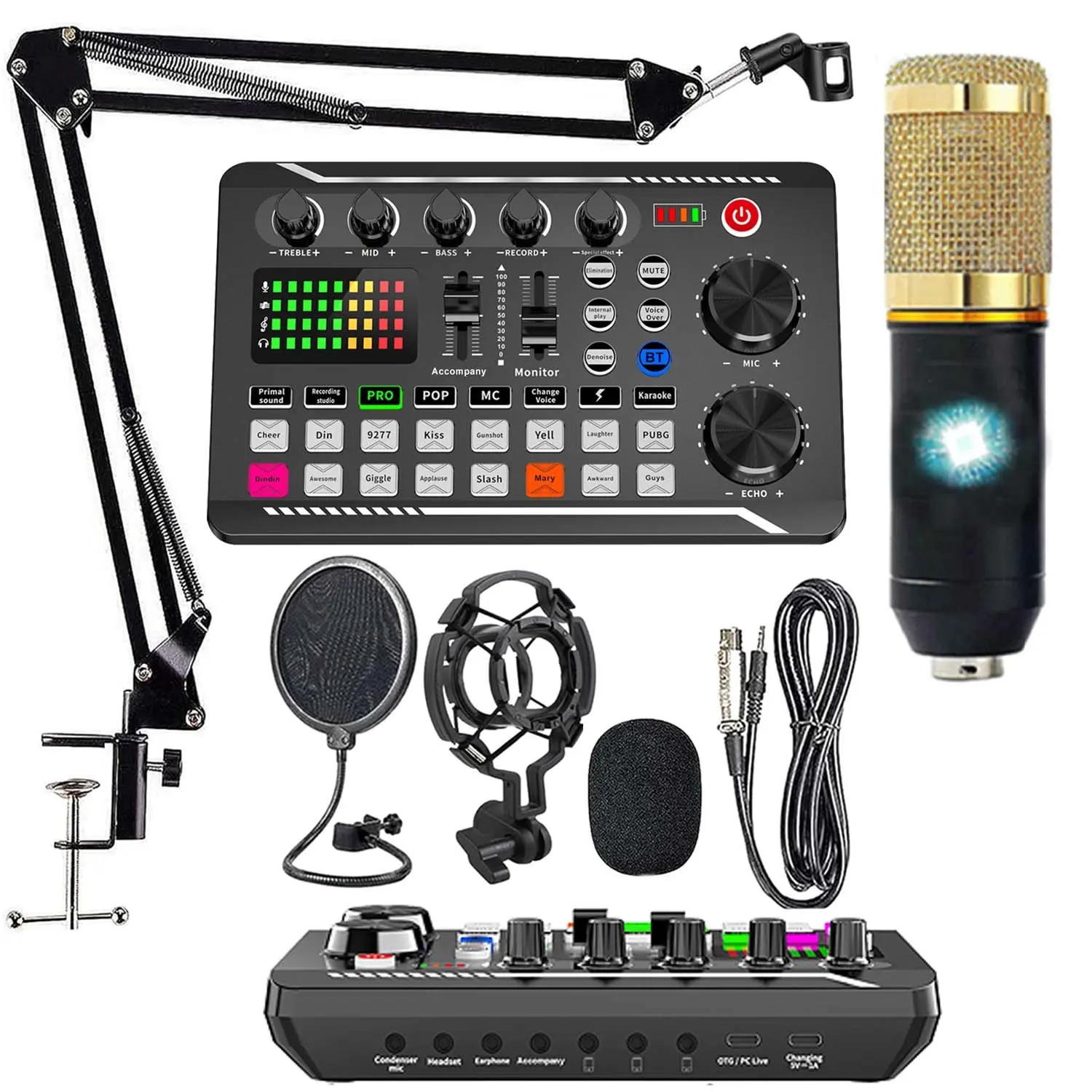Podcast Equipment Bundle, Mic Kit with Live Sound Card, Adjustable Scissor Arm, Metal Shock Mount, Pop Filter for Studio Recording, Durable, Audio Interface