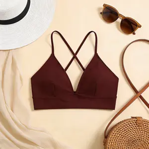 Women’s Trendy Bikini Top, V-Neck Cross Strap Design, High Elastic Soft Nylon Fabric, Comfort Stretch Swimwear Bra, Quick Dry & Machine Washable, Tropical Vacation Style, Perfect for Beach Holidays, Pool Parties, Plus Size Halter Neck Bikini Set women