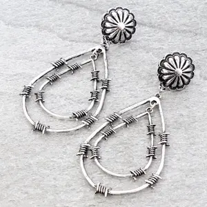 Western Barbwire Teardrop Concho Stud Earrings in Copper Tone, Silver Tone or Patina for Stylish Accessory