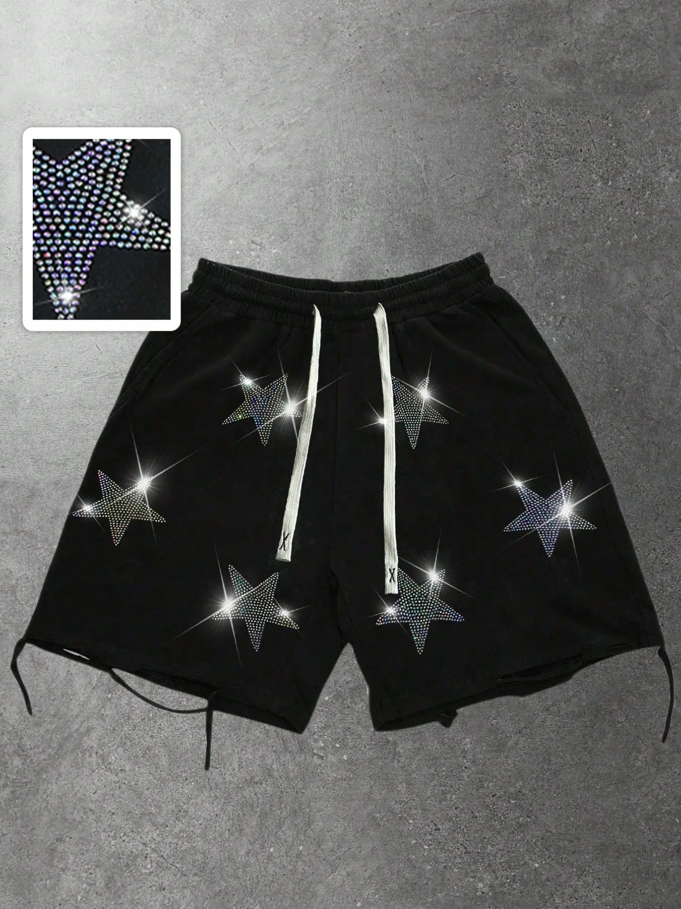 Men's Loose Fit Rhinestone Star Drawstring Shorts, High-Quality Soft Terry Fabric, Elastic Waist, Street Style, Summer Casual Wear, Streetwear, Casual Comfy Shorts