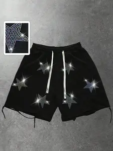 Men's Loose Fit Rhinestone Star Drawstring Shorts, High-Quality Soft Terry Fabric, Elastic Waist, Street Style, Summer Casual Wear, Streetwear, Casual Comfy Shorts