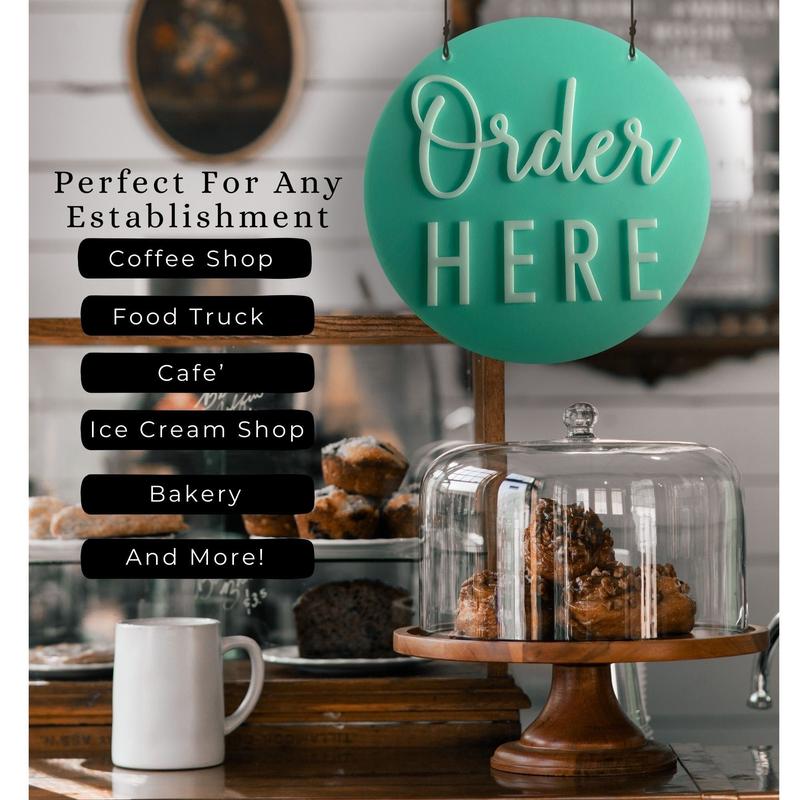 Order Here Pickup Here Sign | Semi Transparent Aqua Acrylic Cafe Decor | Custom Restaurant Bakery Ice Cream Food Truck Display | 12x12"