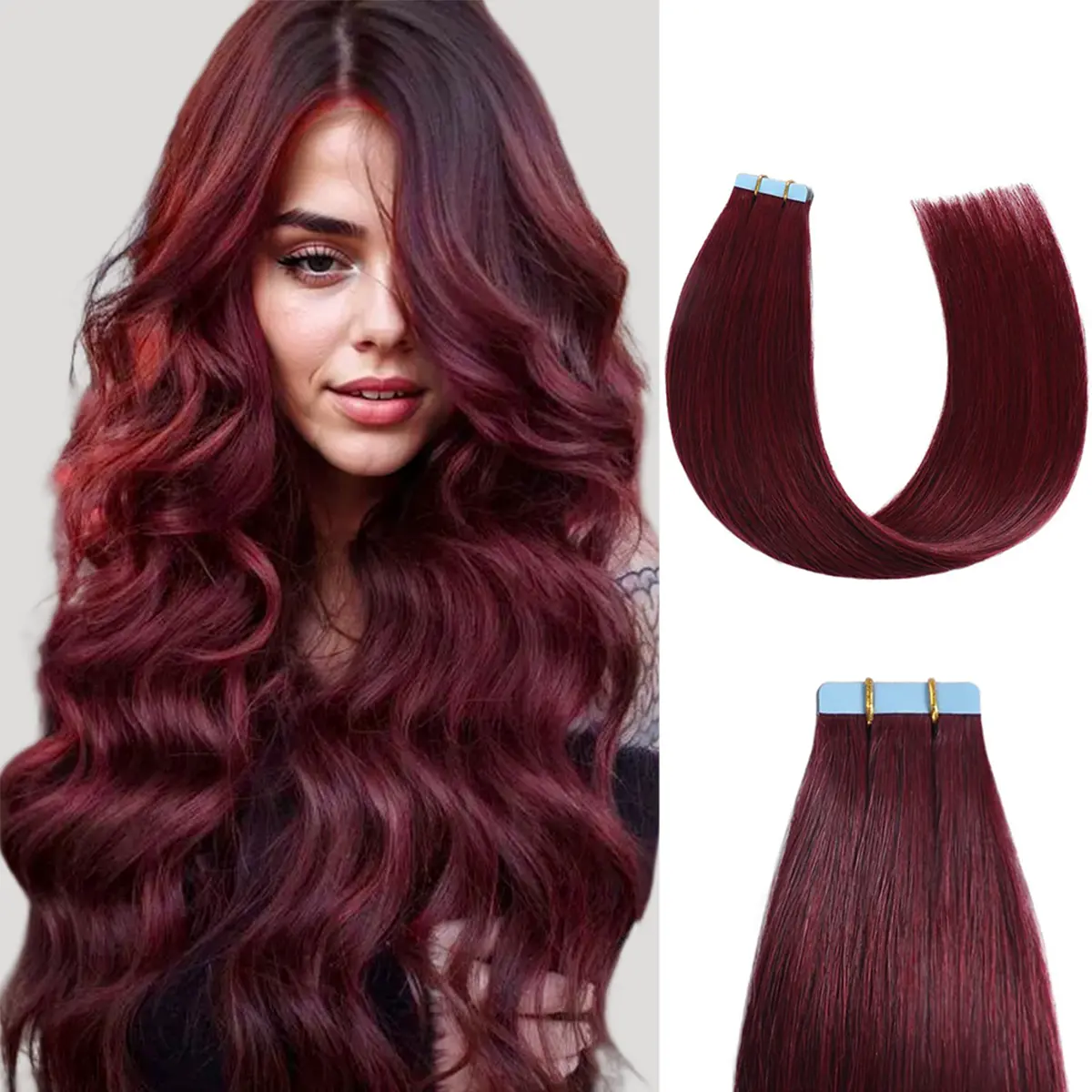 YILITE 99J Burgundy Tape-In Remy Human Hair Set, 24Pcs Seamless Invisible Weft, Natural Straight Reusable Hair Replacement, Easy to Maintain for Summer Hairstyles sohochic