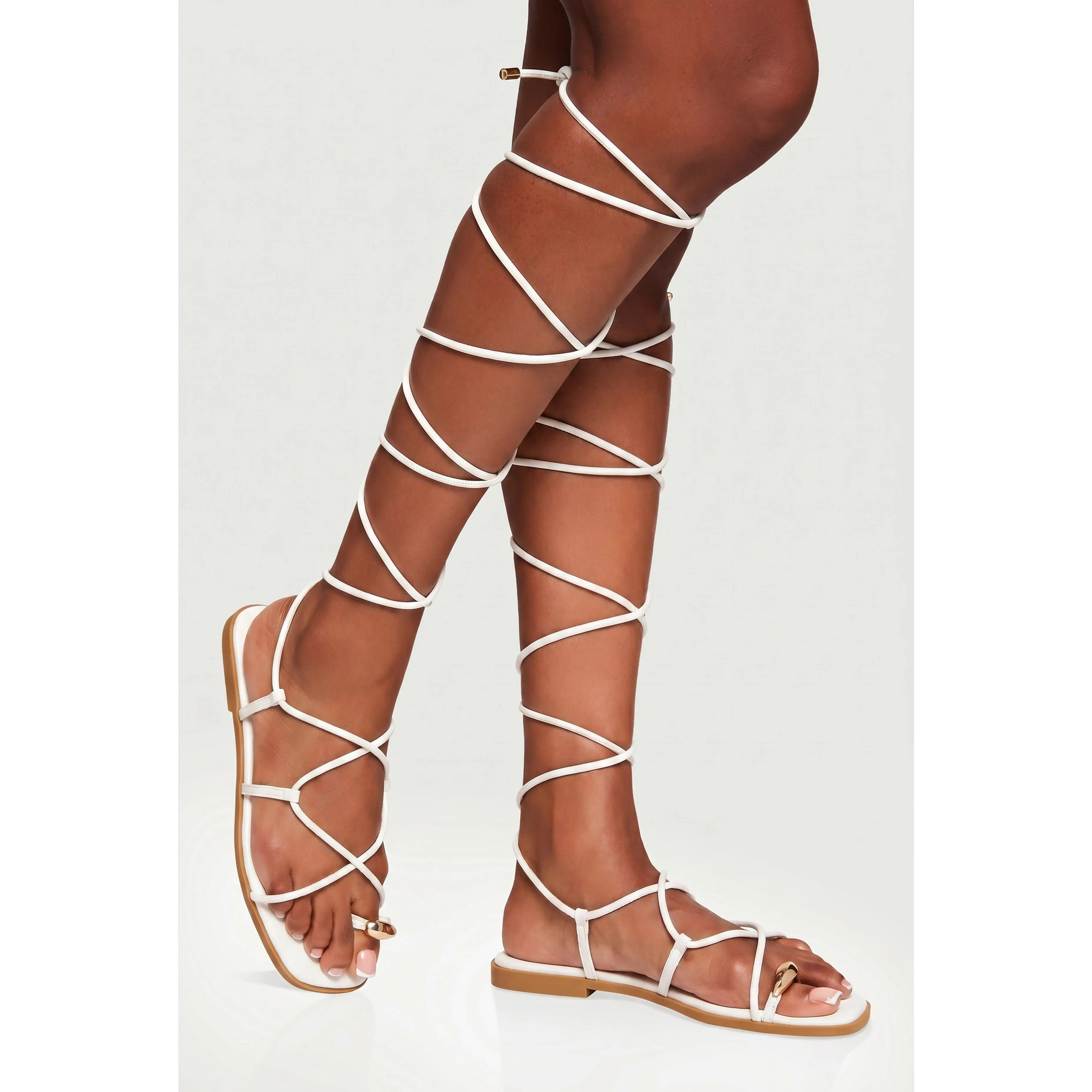 Metallic Toe Loop Lace Up Strappy Gladiator Sandals