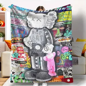 Graffiti Art Flannel Blanket with KAWS Inspired Pop Art Print, Ultra-Soft Warm Lightweight for Home Decor, Living Room, Bedroom, Travel, Unique Gift for Art Lovers, Collectors, Adding Modern Stylish Urban Aesthetic to Your Space.