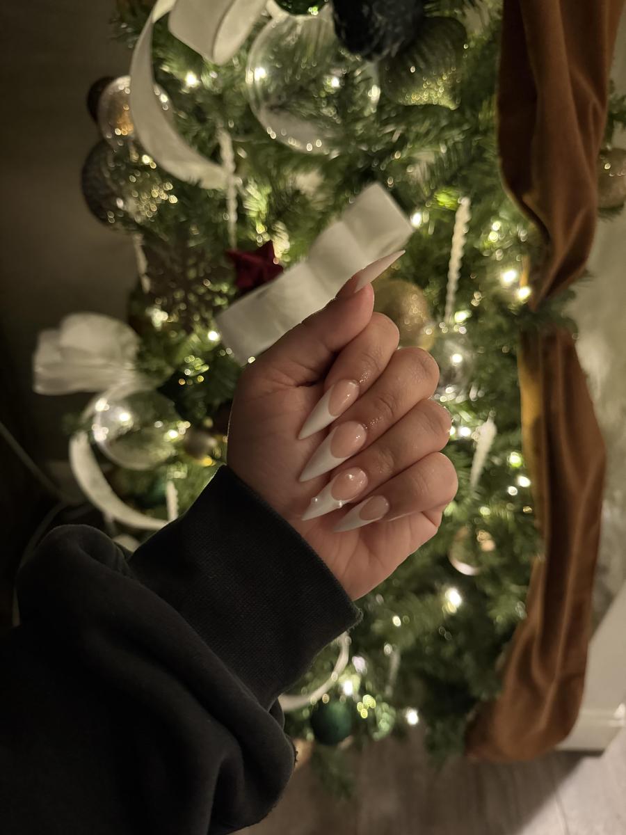 Item: Medium White French Tip Sharp Stiletto Baby Pink