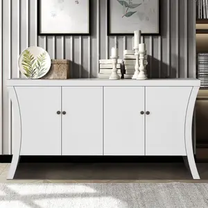 White Refined Industrial 4-Door Credenza - Wooden Arc Legs, Bronze Clasps, Advanced Storage Design, Solid Craftsmanship, Living Room Cabinet Furniture