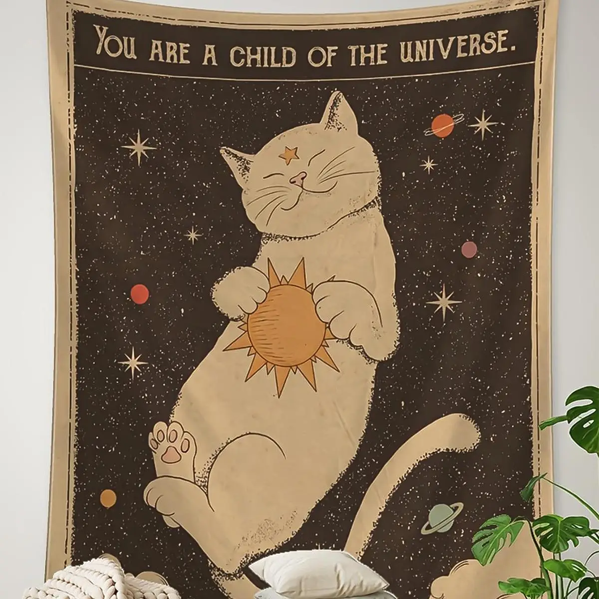 Cute Cat Pattern Hanging Tapestry , 1 Count Sun & Moon Design Tapestry, Bedroom Decor, Cute Wall Art for Bedroom Living Room Home Decor, Bedroom Acces