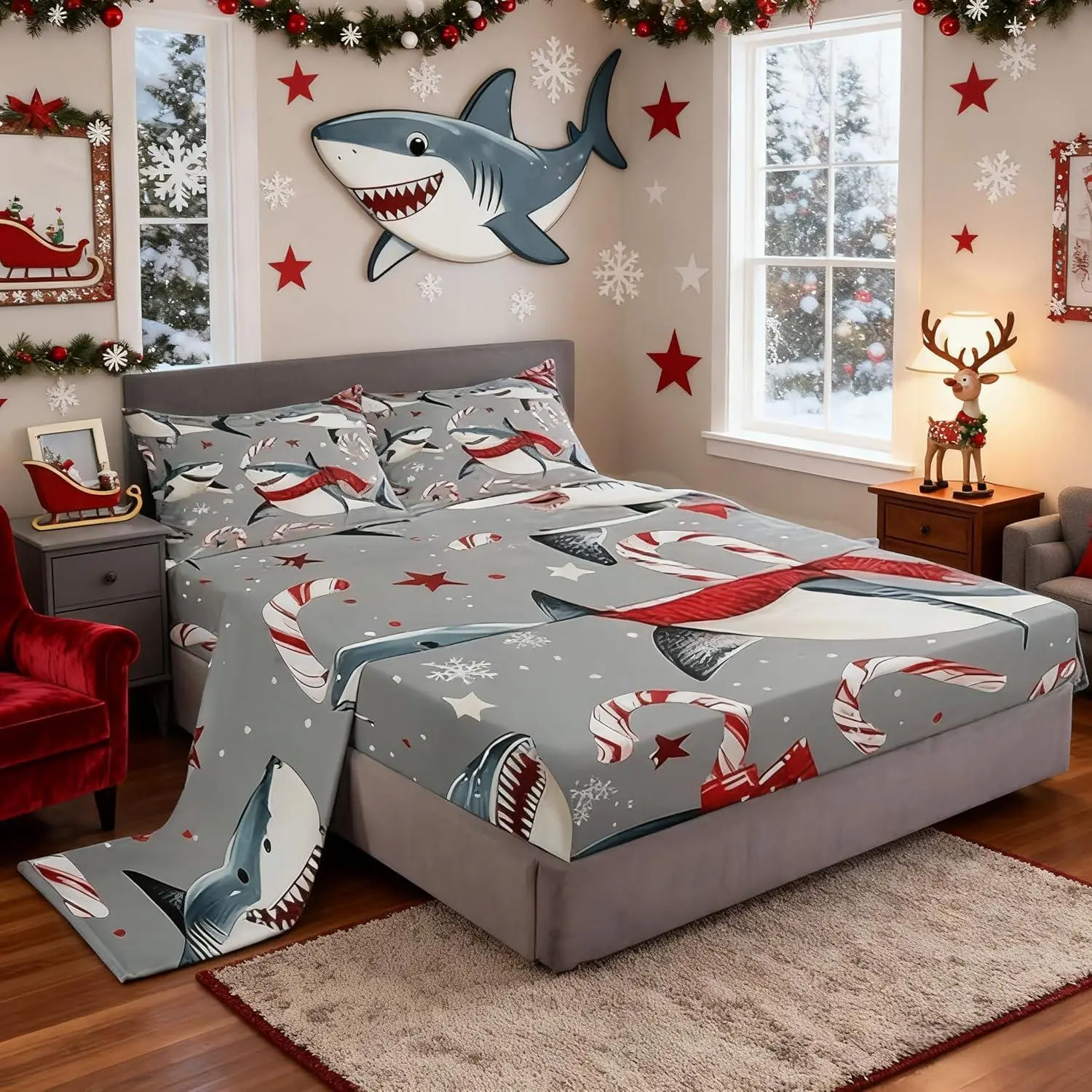Cartoon Shark Sheet Set,Christmas Sweet Candy Bedding Set,Undersea Marine Fish Bed Sheet for Kids Girls Boys Teens Cute Star Snowflake Fitted + Flat Sheet