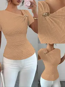 Women's Casual Spring Summer Striped Short Sleeve Top, Slim-Fitting Fashion Textured Lady Blouse, Womenswear, Perfect for Daily Home and Outdoor Wear